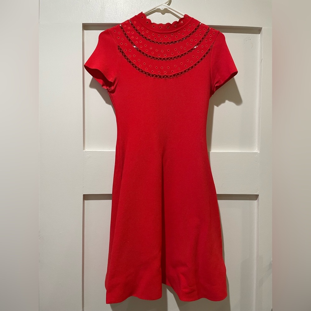 Very pretty red/coral high neck A-line dress in small petite.